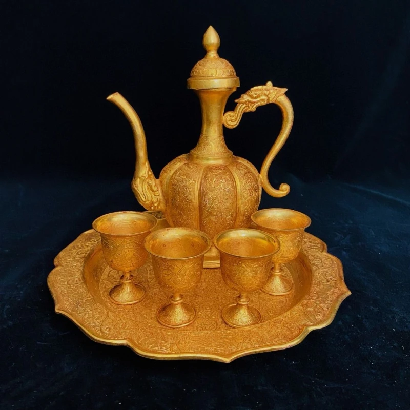 Gilt wine jug wine set, a set of ornaments, collectibles, antique high relief engraved dragon wine jug