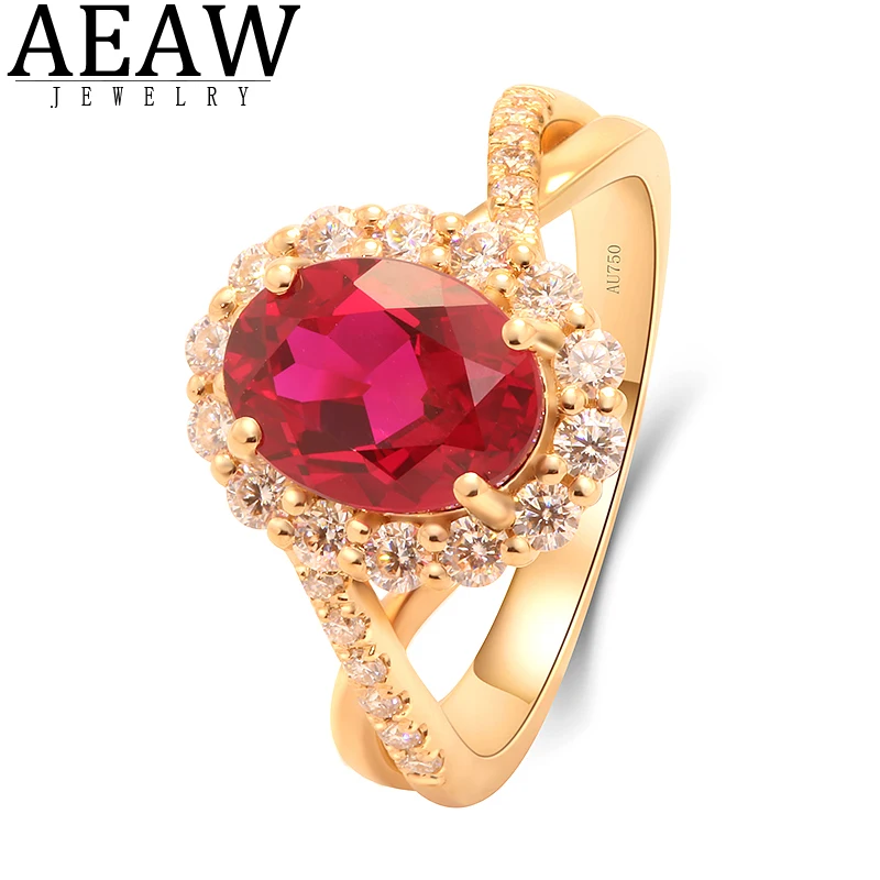 

Real 18K Gold Geometry Ruby Ring for Women Large Oval Gemstones 2.0ct Accessory Trendy Anniversary Gifts