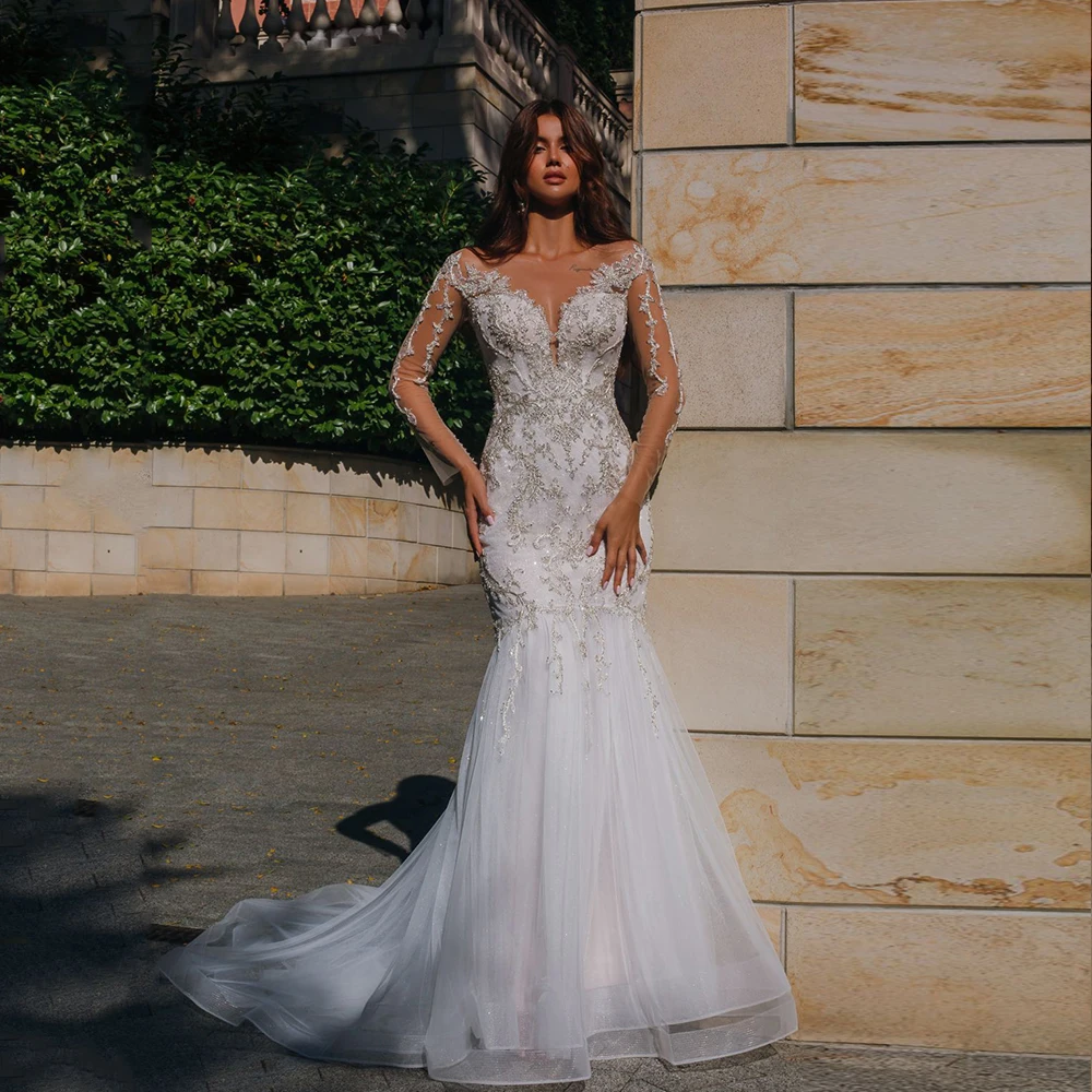 Sexy Mermaid Wedding Dresses V Neck Long Sleeves Bridal Gowns Appliques Beaded Sweep Train Tulle فستان حفلات الزفاف Custom Made