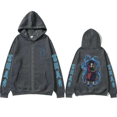 Imagen 2 del producto Anime Demon Slayer Water Hashira Tomioka Giyuu gráfico cremallera Sudadera con capucha hombres mujeres Cosplay dibujos animados Manga Casual algodón chaqueta con cremallera