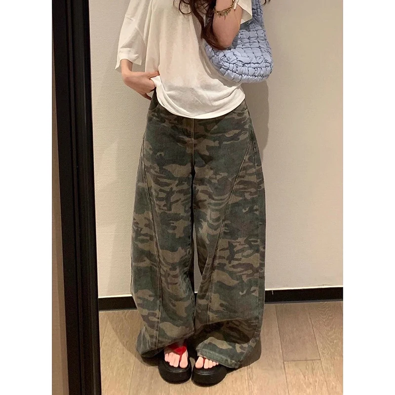Military Green Womens Jeans High Waist Vintage Straight Baggy Y2K Denim Pants Hip Hop American Fashion Wide Leg Denim Trouser