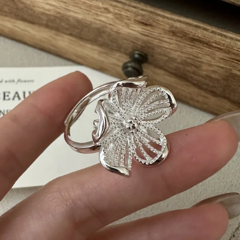 

S925 Sterling Silver Korean Version Niche Design Sense Big Flower Ring Korean Retro INS Style Personalized Ring Wholesale