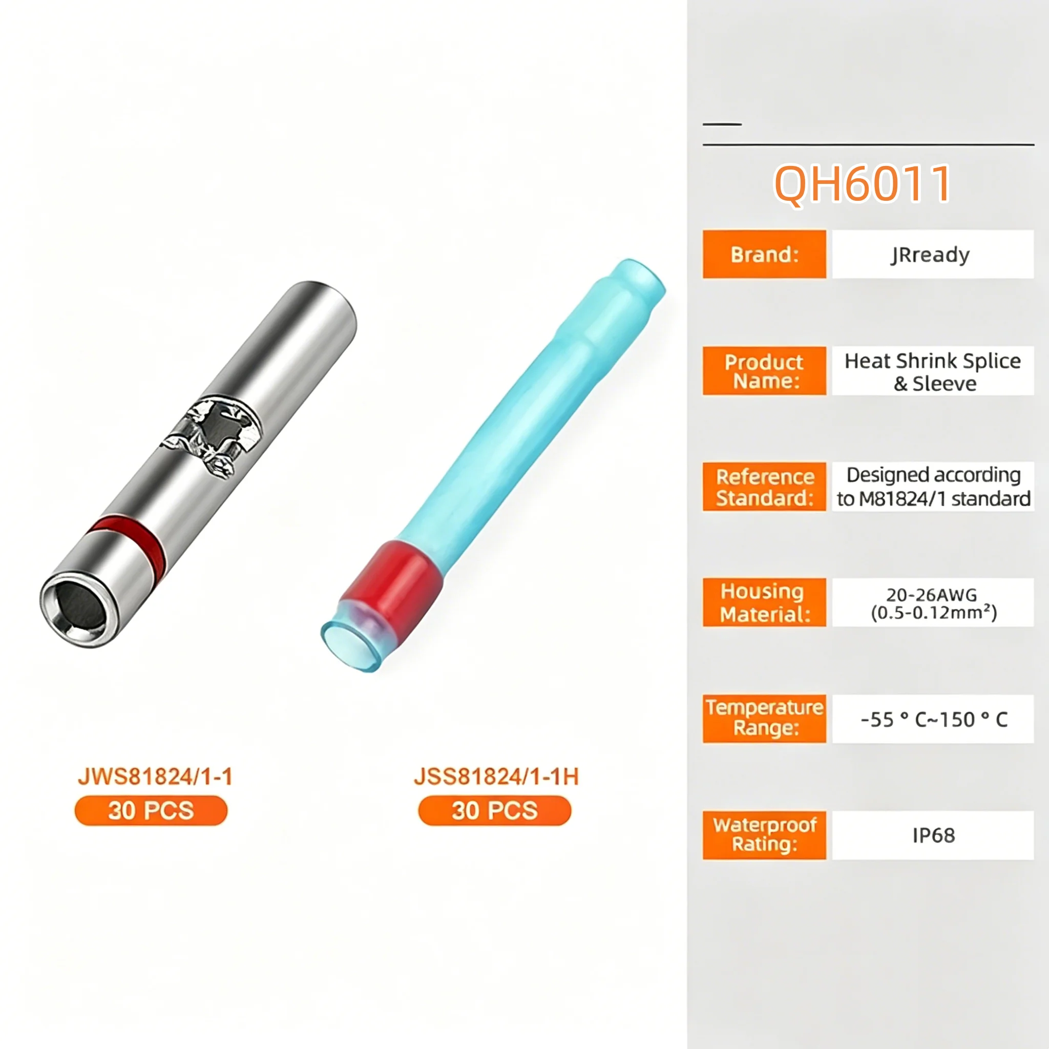 JRready M81824/1-1 Red Butt Connectors Kit 20-26 AWG (30 Sets) - Waterproof & Wire Splice Connectors with High-Temp Heat Shrink