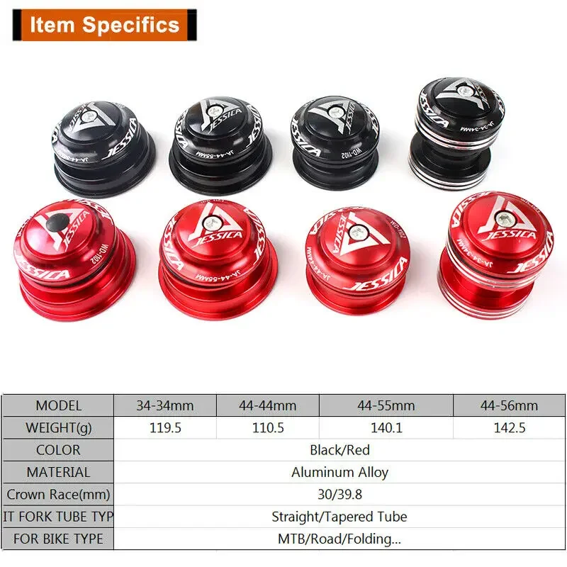 JESSICA MTB Headset Bike 34/44/44-55/44-56 Road Bike CNC Bearings Headsets Mountain Cycling Straight/Tapered Fork Bicycle Parts