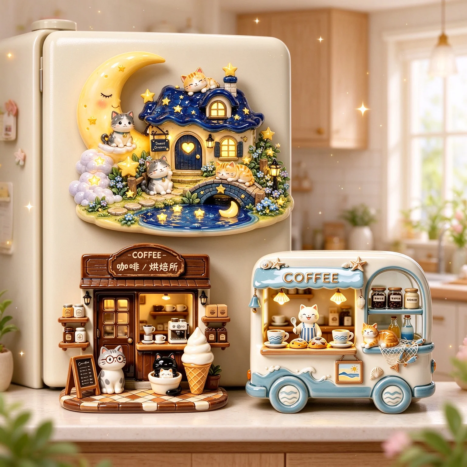 Cat Coffee Dessert Cart Resin Three-Dimensional Relief Refrigerator Sticker Personalized Creative Decoration High-End Magnetic