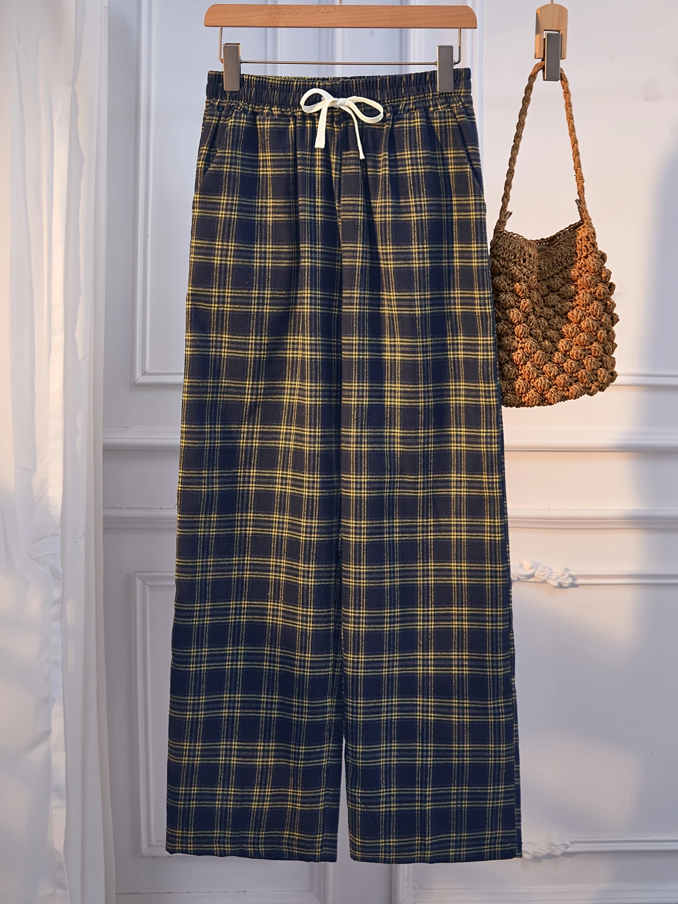 2026 New Style Navy Plaid Straight Pants Elastic Waist Loose Trousers Vintage Daily Casual Loungewear Fashion Bottoms Kids