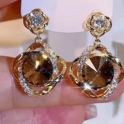 925 Silver Needle Korean Fashion Crystal Earrings For Women Jewelry 2026 Trending Luxury Women's Gold Color Flower Drop Earrings
