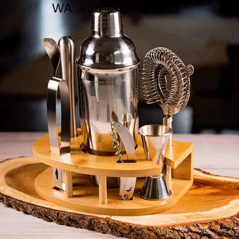 8Pcs Compact Stainless Steel Mixology Bartender Kit With Natural Bamboo Wood Stand Boston Cocktail Shaker For Mini Home Bar Hobb