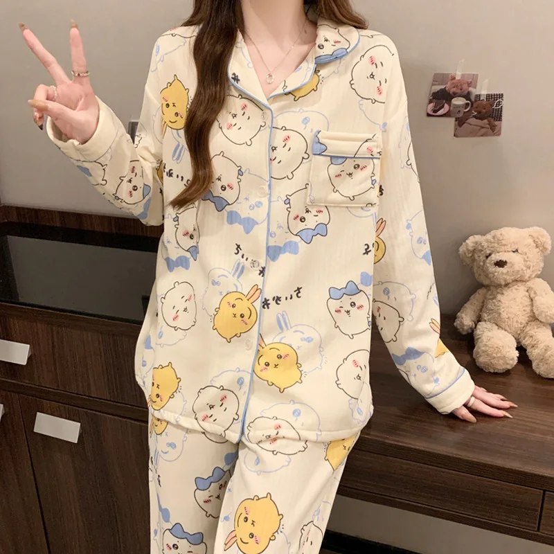 Miniso Chiikawa Usagi Hachiware Air Cotton Interlayer Pajamas Autumn Winter Thickened Insulation Cartoon Home Suit Two-Piece Set