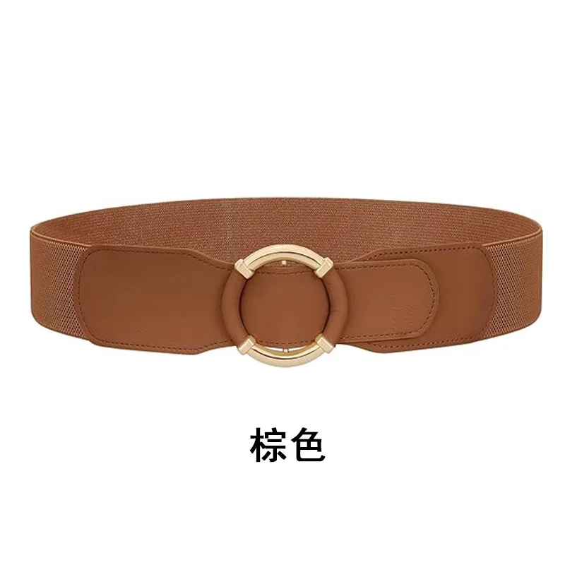 New fashionable women's belt with golden round ring buckle, elastic elastic waist-tightening waist-support dress, wide belt