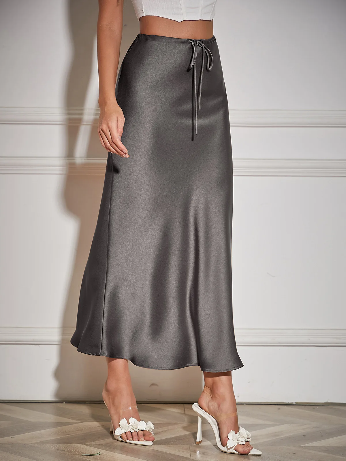 Falda larga plisada con cordones para mujer, falda larga plisada de retazos, cintura alta, color liso, informal, elegante, verano, 2024
