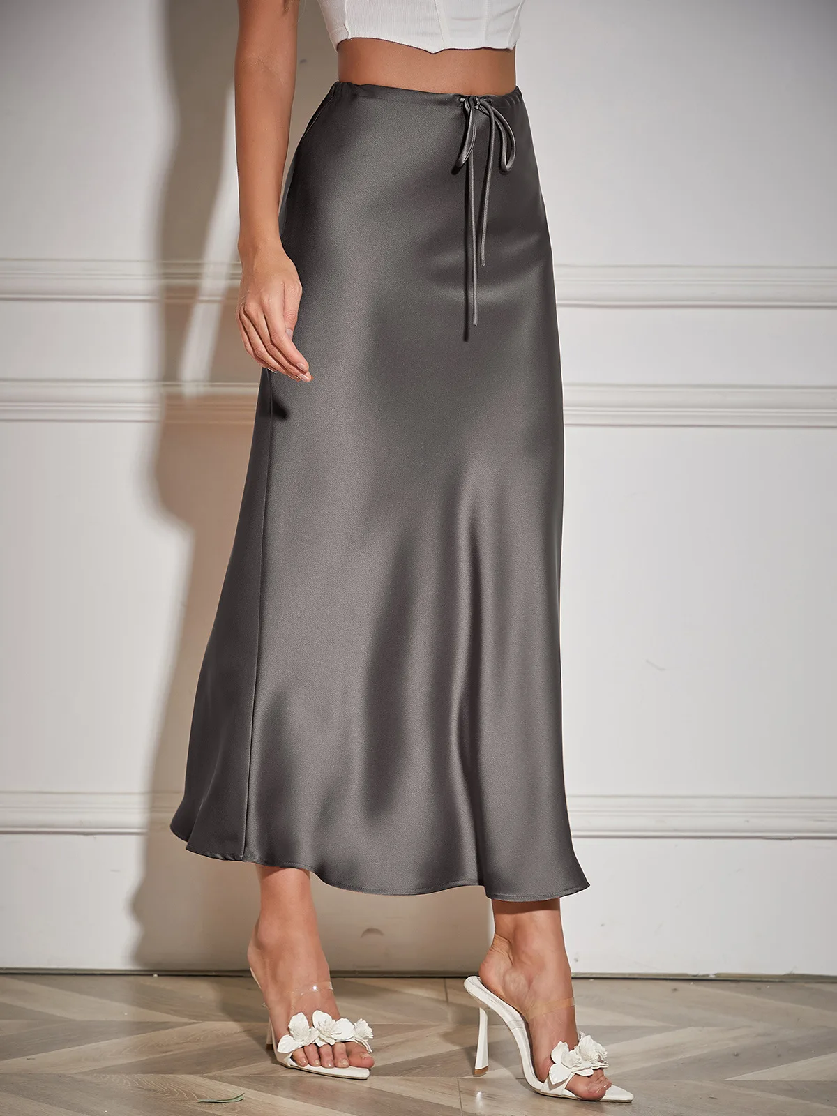 Jupe Maxi à Lacets Décontractée pour Femme, Patchwork, Slim, Taille Haute, Couleur Unie, Élégante, Bandage, Plissée, Longue, Été, 2024