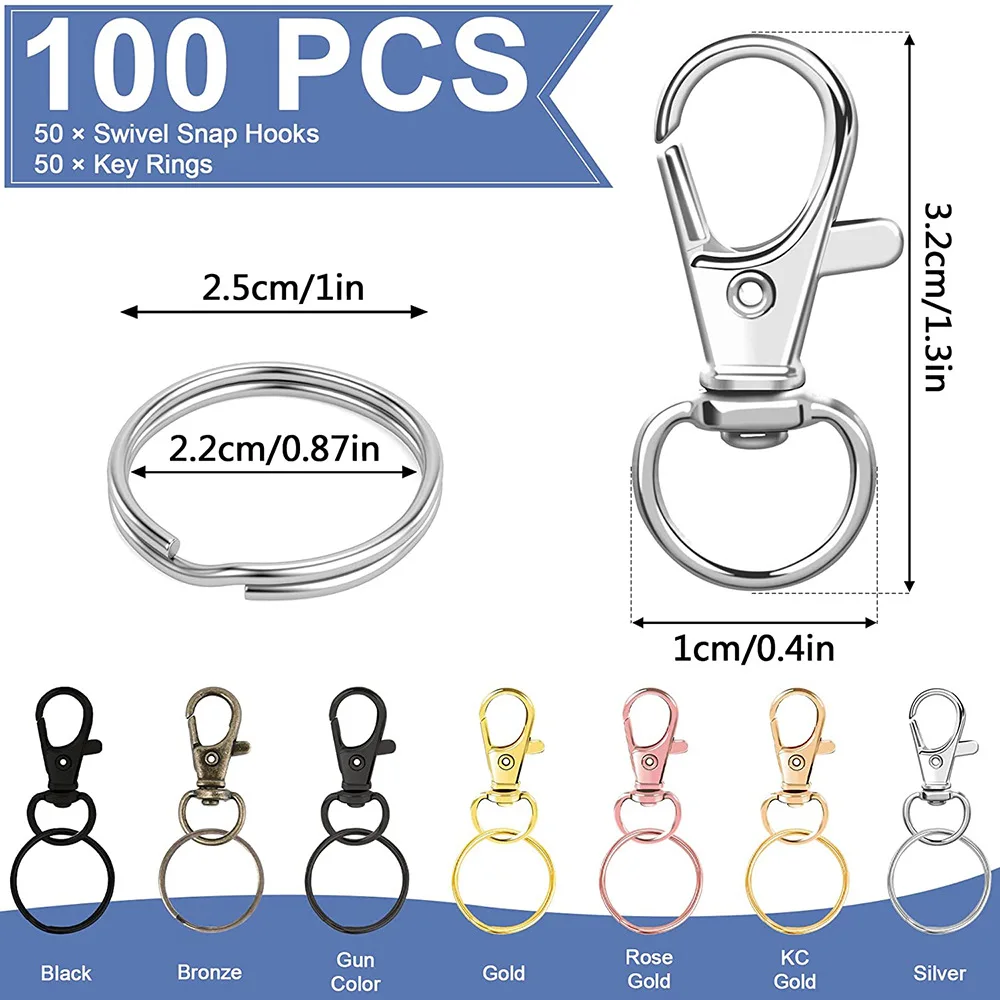 50/100 stuks draaibare karabijnhaken met sleutelhangers, premium metalen draaibare karabijnsluitingen voor sleutelhanger DIY sieraden ambachten