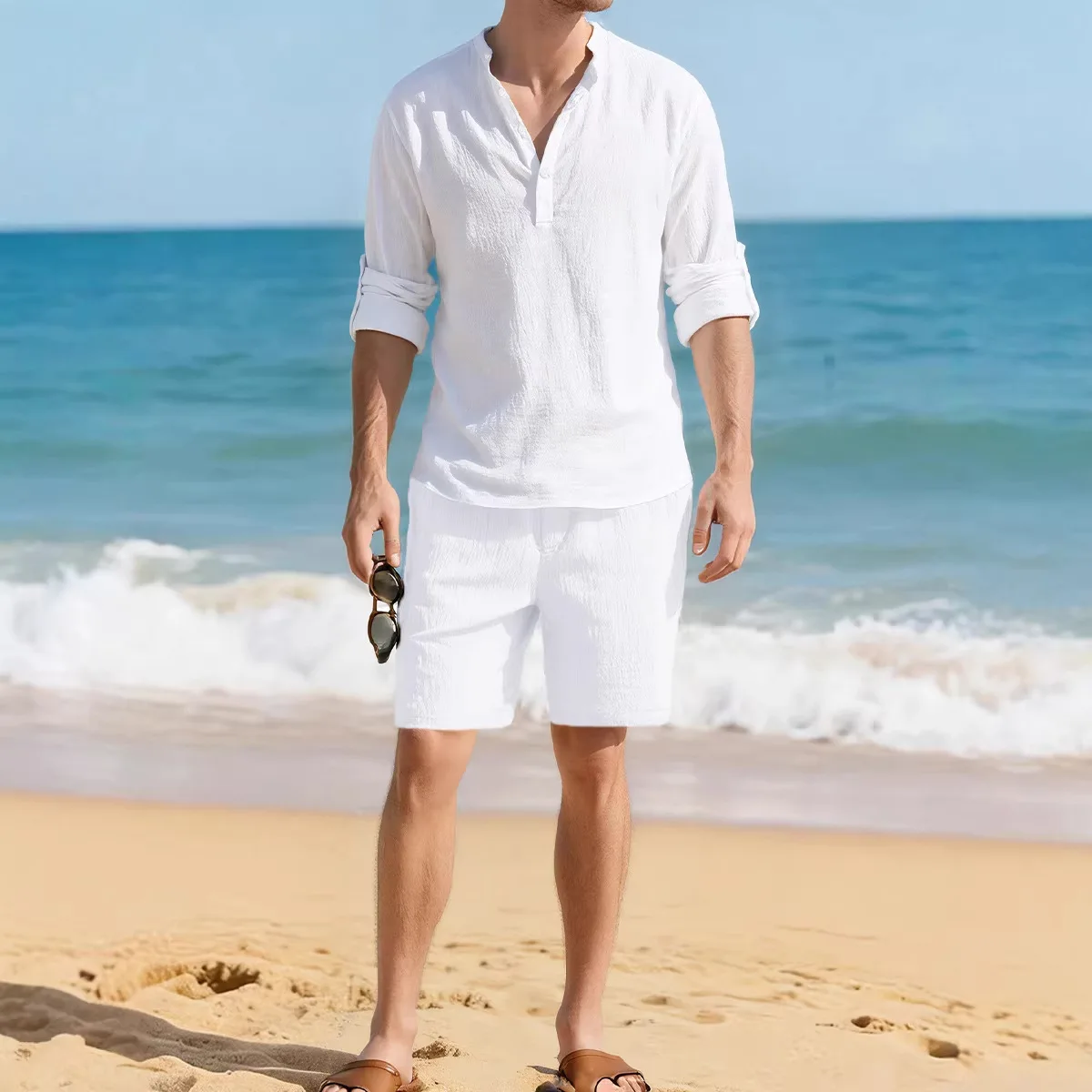 

Американский льняной комплект для мужчин: осенний гавайский домашний костюм, тонкая рубашка с длинным рукавом и брюки, льняной комплект с длинными рукавами.