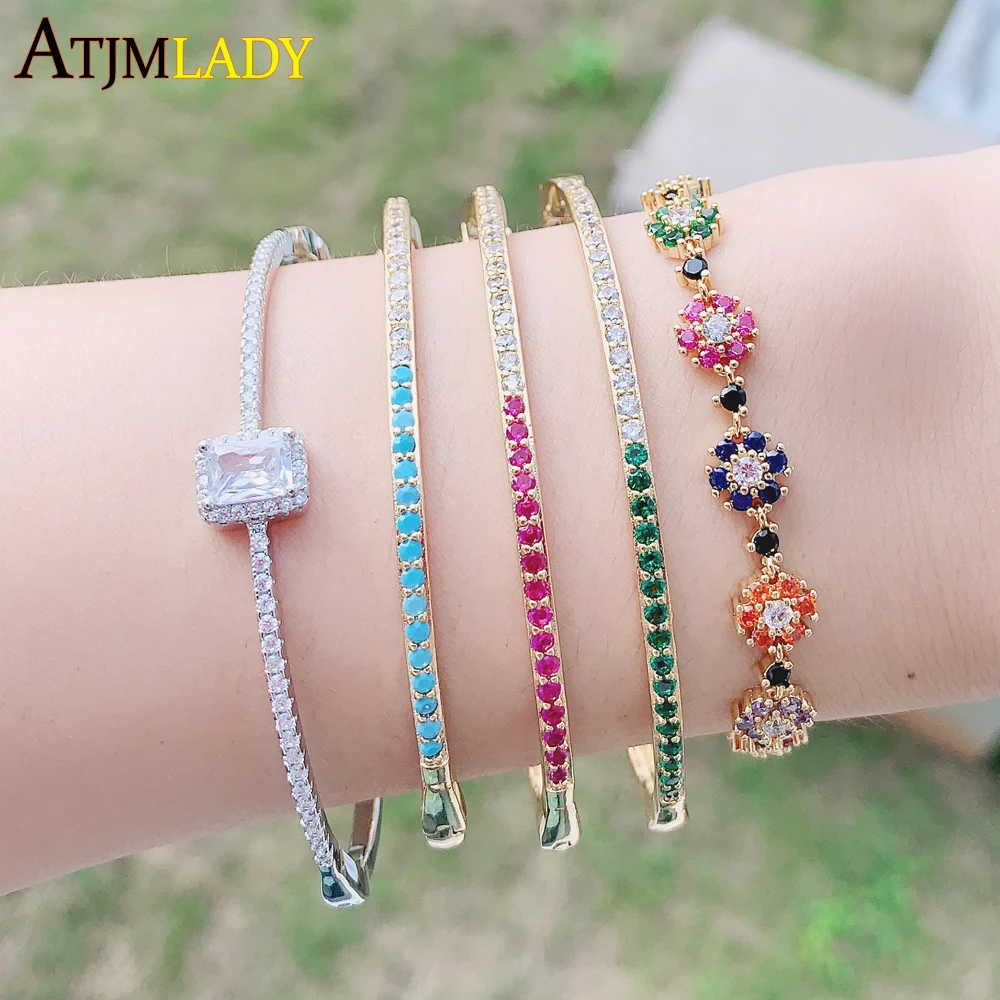 Gold Plated Turquoises Stone Colorful Rainbow Cubic Zircon Paved Thin Band Bangle Bracelet for Women Top Quality Fashion Jewelry