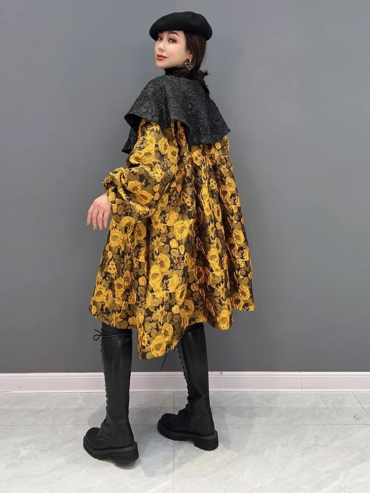 Vefadisa 2024 Autumn New Red Vintage Printed Women Dress Peter Pan Collar Lantern Sleeve Loose Cute Mid-length Dress ZXY764A