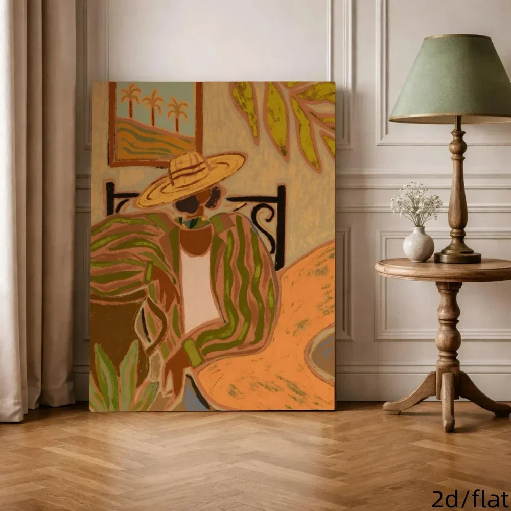 Vintage Brown‑Green Tones Decorative Painting, Straw‑Hat Figure Abstract Line Art Print, Wooden Framed Ready‑to‑Hang Wall Art
