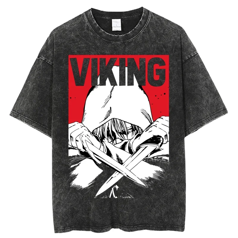 Mens VINLAND SAGA Anime Vintage Washed T Shirt Graphic Print Hip Hop Summer Short Sleeve Harajuku