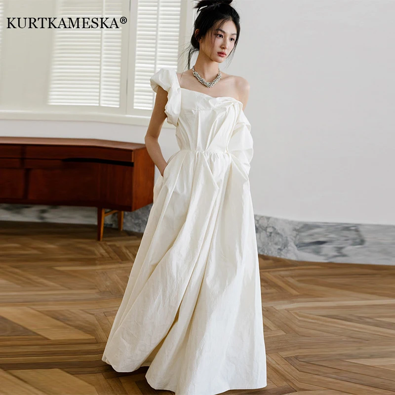

Luxury White Satin Wedding Dress Sexy Single Sleeve Backless Ball Gown Wedding Evening Prom Dresses For Women Wedding Shooting
