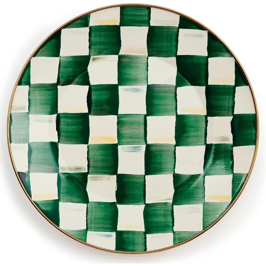 

Enamel Dinner Plate Decorative Dinnerware Plate 10 Inches Green-and-White Emerald Check