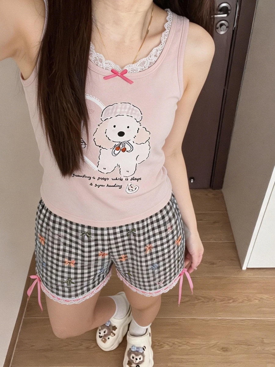 summer-dog-vest-sleepwear-women's-lenzing-cotton-strap-home-clothes-outerwear-soft-round-neck-cool-breathable-short-pants