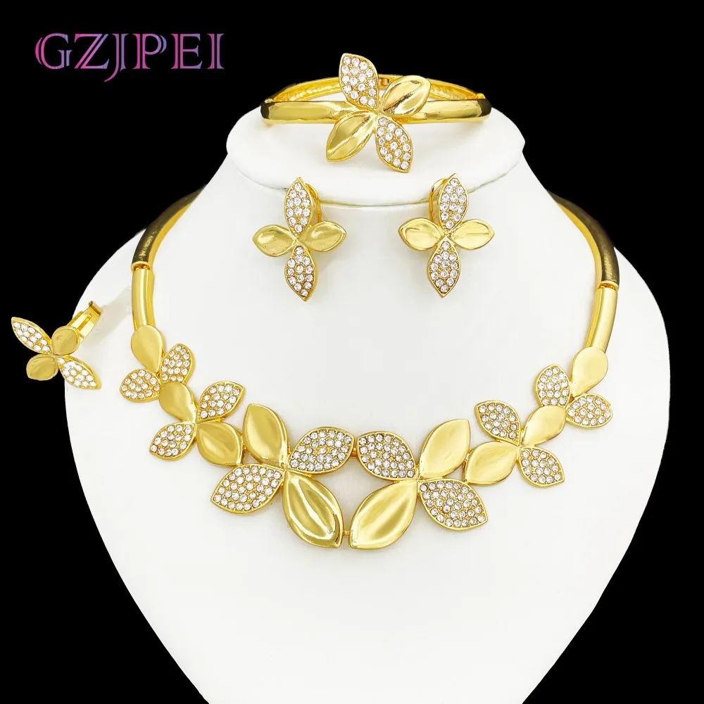 

GZJPEI Elegant Zircon Jewelry Set Design Leafs Choker Bracelet Chic Earring Ring Hight Quality 18K Gold Plated Dubai Jewellery