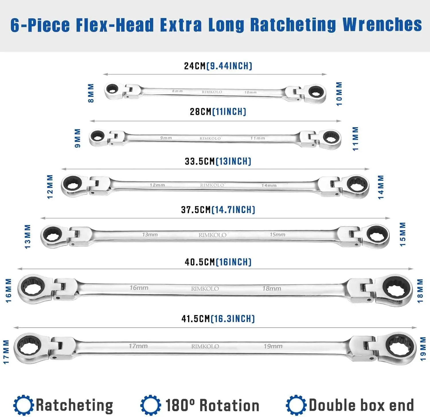  6-Piece Extra Long Flex-Head Ratcheting Wrench Set 72-Tooth Double Box End Wrench Set CR-V Steel ratcheting wrenches