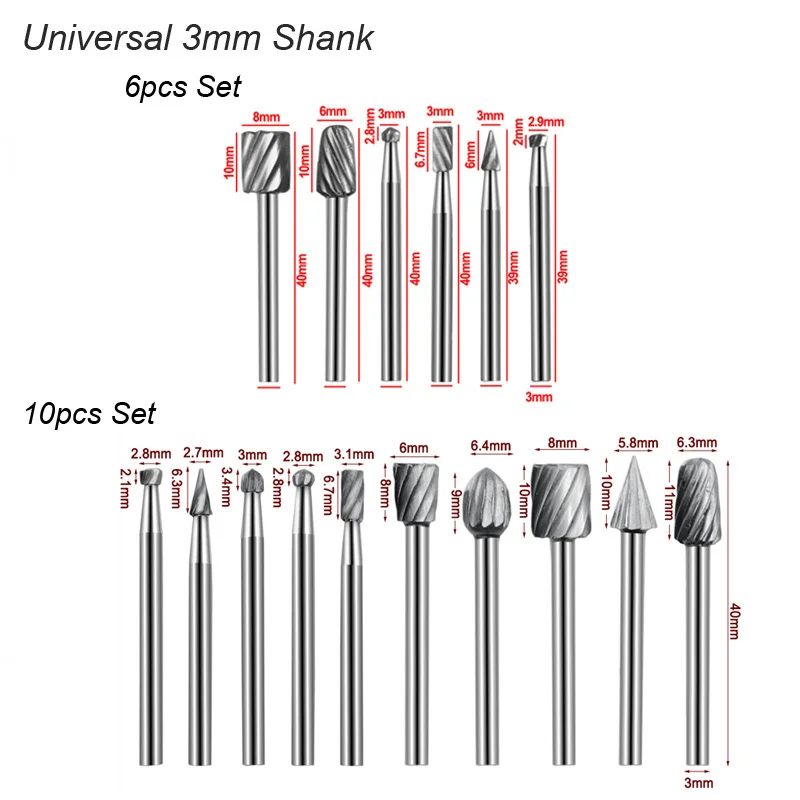 High Speed Steel Rotary Burrs Tools Routing Router Drill Bit Set for Plastic Resine Wood Stone Metal Root Carving Milling Cutter