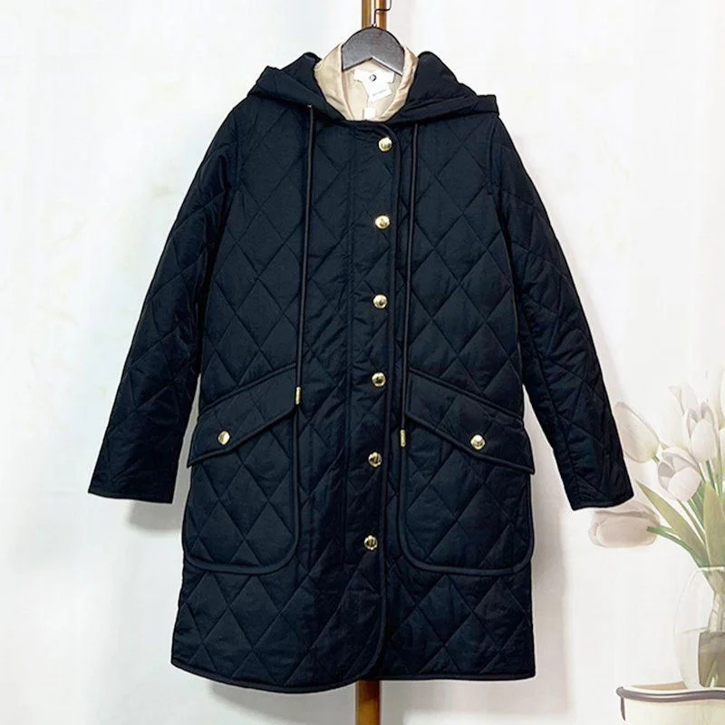 

Winter New Diamond Grid Retro Western Style Cotton Jacket Women Loose Casual Mid To Long Length Casual Cotton Jacket JJ766