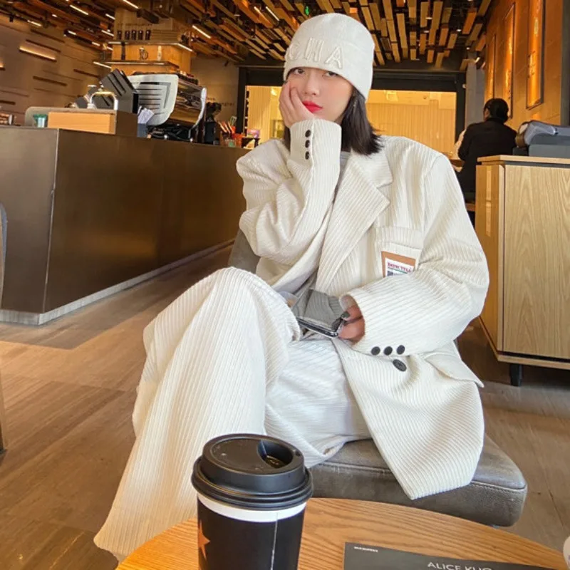 

Korean Fashion Mid To Long Loose Casual Jacket for Women's Autumn New Item Age Reducing Corduroy Suit Coat Female Clothing