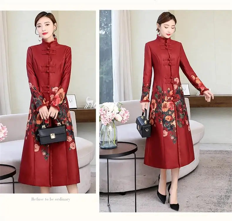 2024 chinese national style cotton qipao improved cheongsam skirt cotton jacket women elegant printing dress warm cheongsam