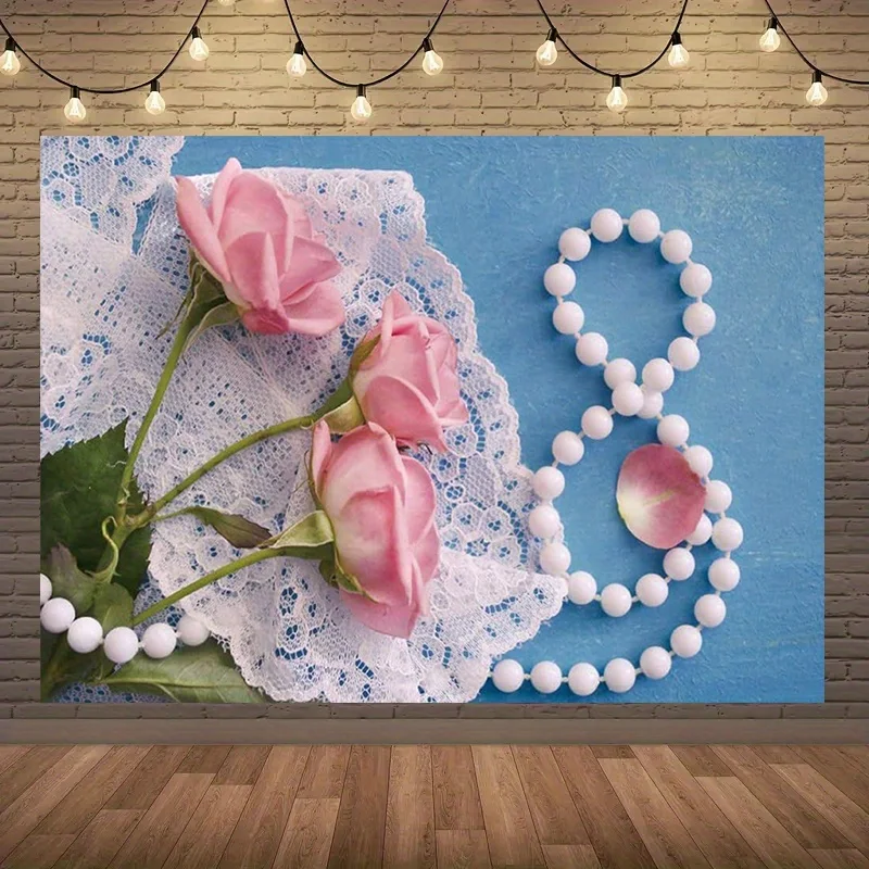 Banner plano 2D para el día internacional de la mujer, 1 pieza, con rosas rosadas, rollo de encaje y detalles de perlas, elegante telón de fondo de poliéster para 3.o