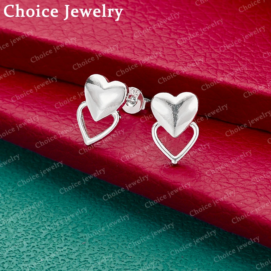 

925 Sterling Silver Double Heart Stud Earrings Fashion Romantic Grace Jewelry Anniversary Wedding Accessories