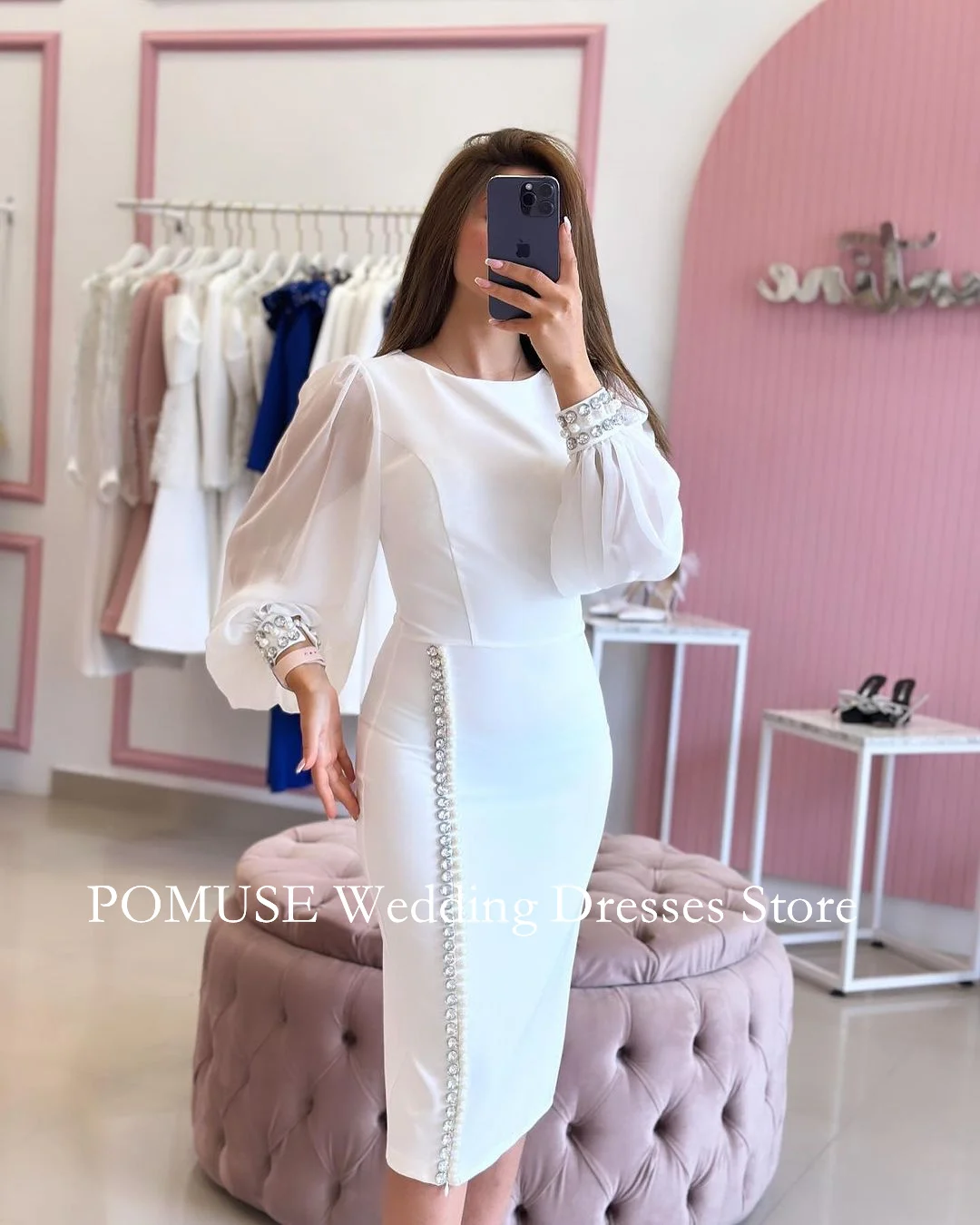 OIMG 2024 New Summer Women's Maxi White Crepe Satin Prom Dress Puff  Sleeves Fashion Celebrity O-Neck Crystals Party Dress