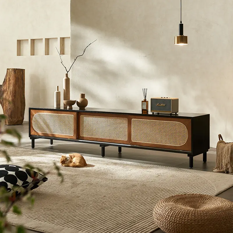 H1 retro silent wind rattan solid wood TV cabinet small apartment living room medieval homestay hotel storage locker