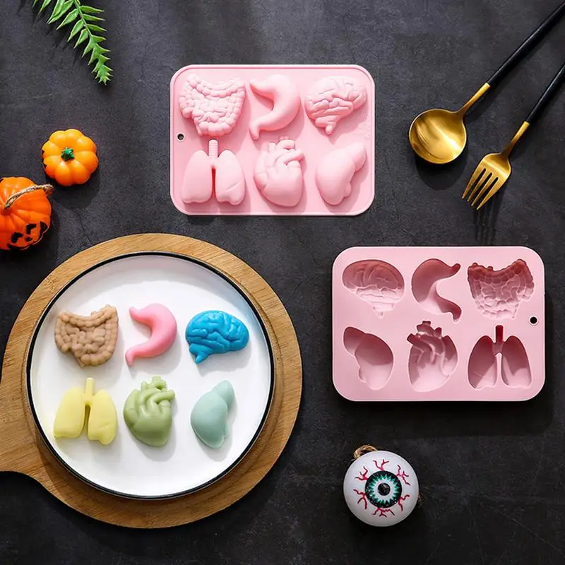Moldes de Silicona de Órganos Humanos, Corazón, Hígado, Cerebro, Molde para Fondant, Chocolate, Dulces, Decoración de Pasteles de Halloween