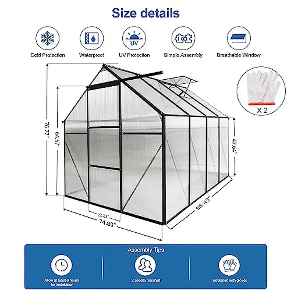 Walk-In Polycarbonate Greenhouse 6x8FT with Sliding Door Adjustable Roof Drainage System Galvanized Base Heavy-Duty Frame High