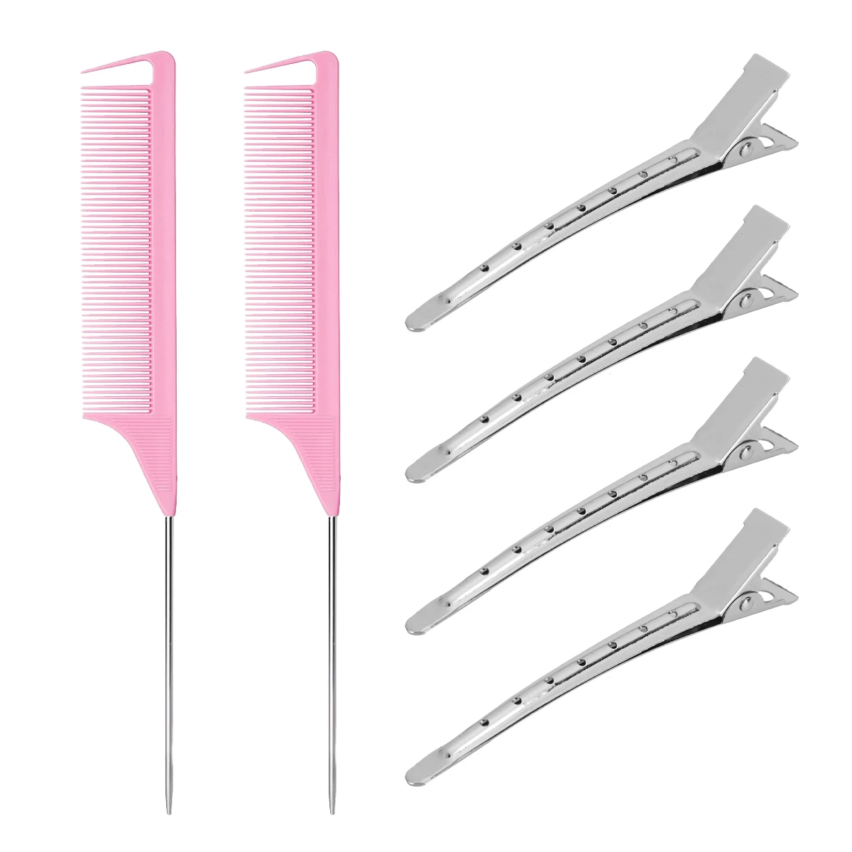 مجموعة أدوات تصفيف الشعر مكونة من 6 قطع، قطعتان من أمشاط ذيل من ألياف الكربون المتينة، 4 قطع من مشابك منقار البط المعدنية خاصة للشعر المستعار الحقيقي