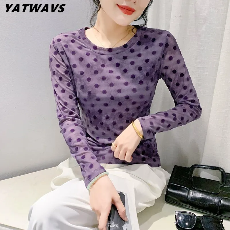 여성용 세련된 폴카 도트 플로킹 티셔츠, 긴팔 슬림 탑, 우아한 O-넥 캐주얼 프린트 메쉬 티, 가을 패션, 신상