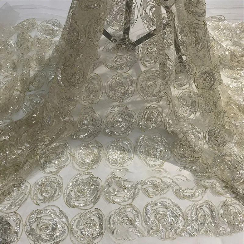 

1yard African Lace Fabric Rose Gold Thread Embroidery Fabric Mesh Sequin Jacquard Fabric for Sewing Dress Cheongsam Wedding