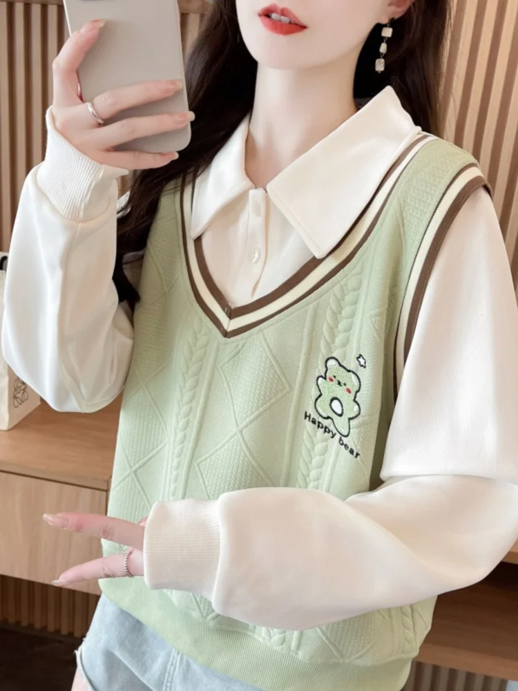 Spring Autumn Fashionable Loose Polo Collar Top Cute Embroidered Happy Teddy Bear Elegant Simple Student Gentle Lapel Pullover