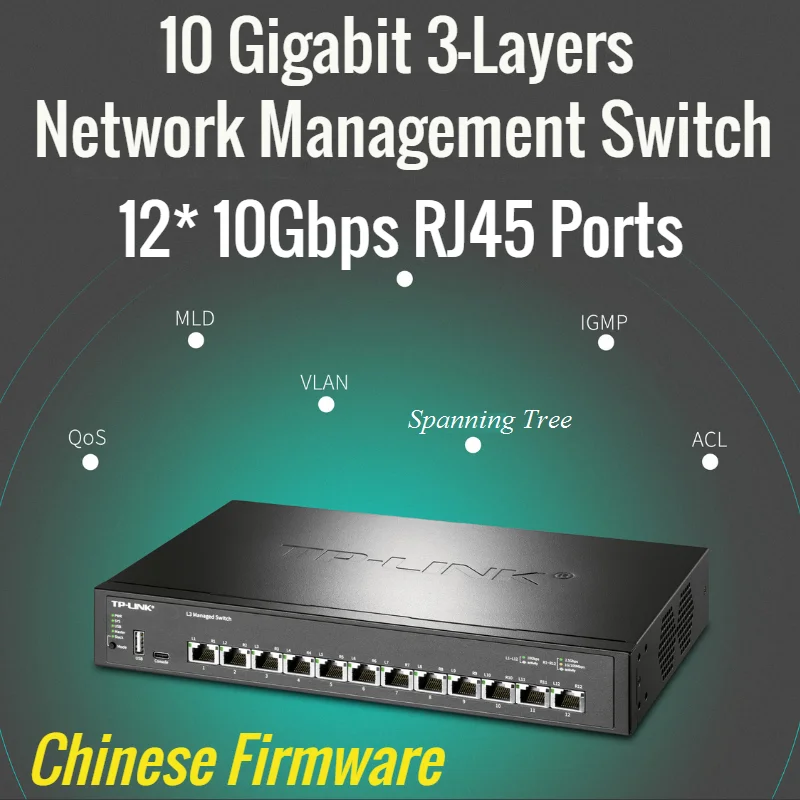 10 Gigabit 3-Layers Network Management Switch Plug&Play 12* 10Gbps RJ45 Ports, 32K MAC, Type-C Console USB Port Chinese Firmware