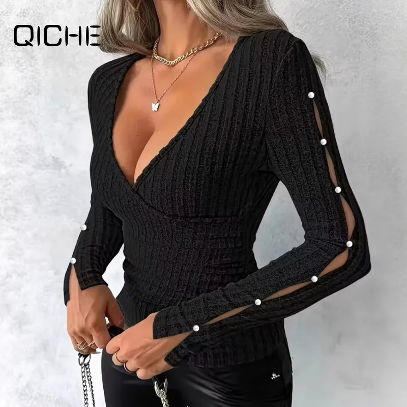 QICHE 2026 Women Crisscross V Neck Knit Top, Hollow Out Faux Pearl Buttons Slim Stretch Long Sleeve Undershirt