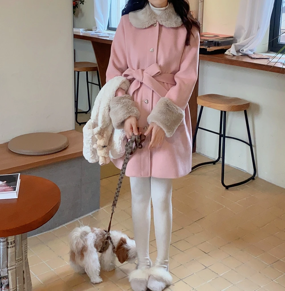 

Ele Honeyrubao Japanese Sle Coat with Faux Fur Collar Heart aped Bule Waist Belt Polyester Fiber Winter Outerwear