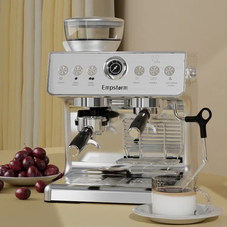 Electric Commercial Home Multi-Function Semi-Automatic Espresso Machine Bean Grinder Brew System Milk Brewing Stainless Steel RV