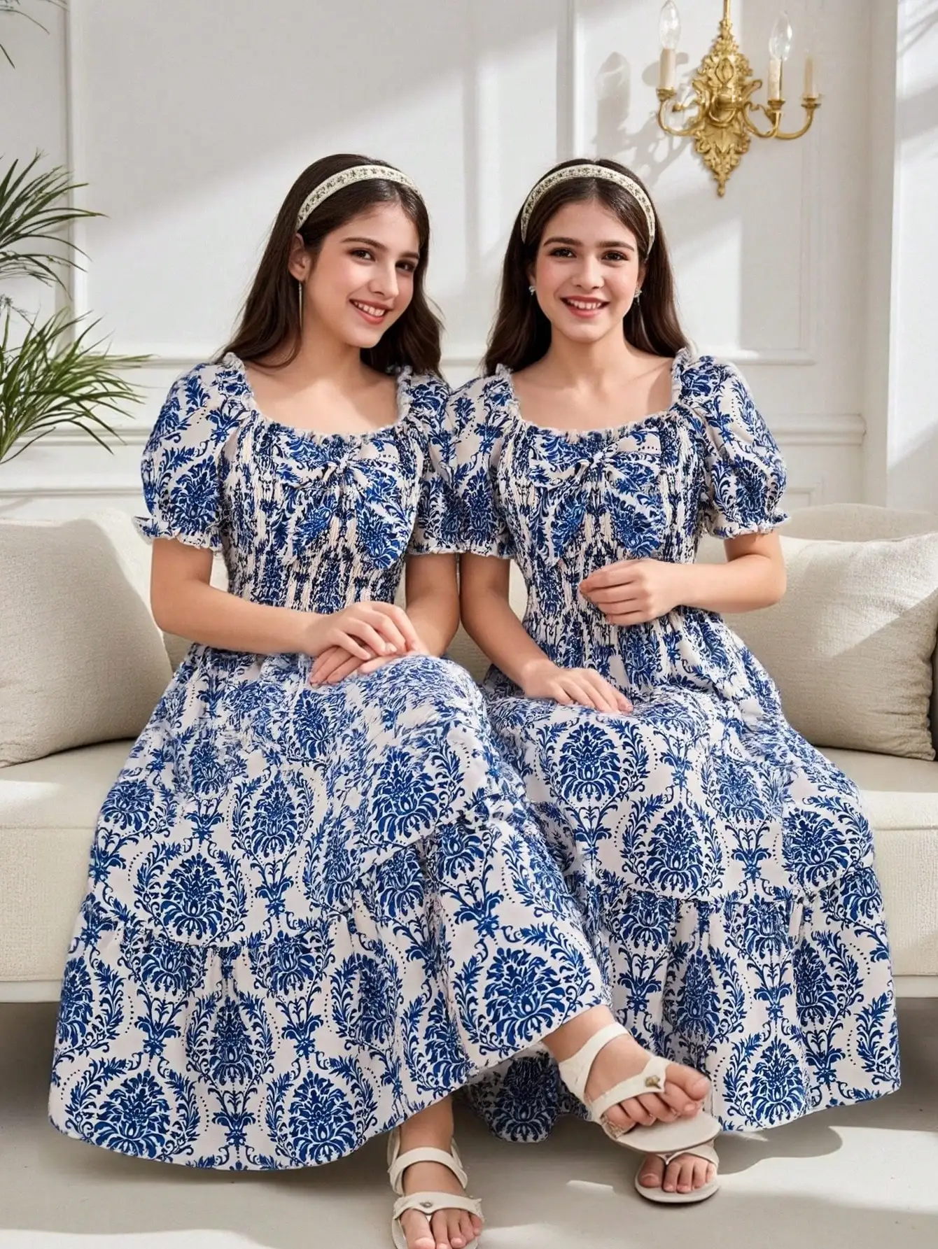 

Сине-белое повседневное платье А-силуэта с принтом в стиле шинуазри, короткими рукавами и присборенной талией