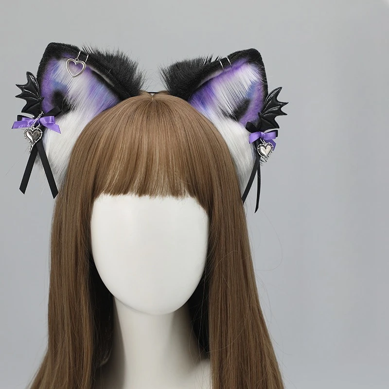 Tocado de felpa con orejas de gato para niña, diadema gótica de Lolita, accesorio de Cosplay del diablo de Halloween, tocado japonés Harajuku JK, color morado y negro