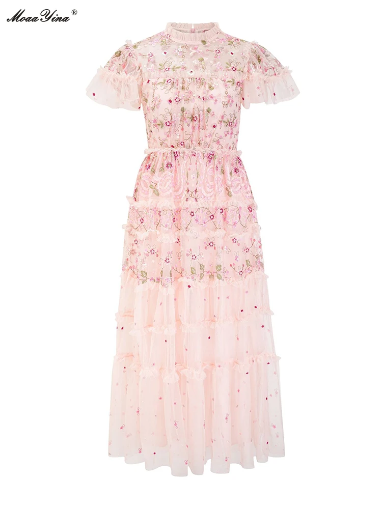 

MoaaYina Fashion Designer Summer Women's Dresses Half High Collar Printing Floral Embroidered Flares Office Lady Empire Dress