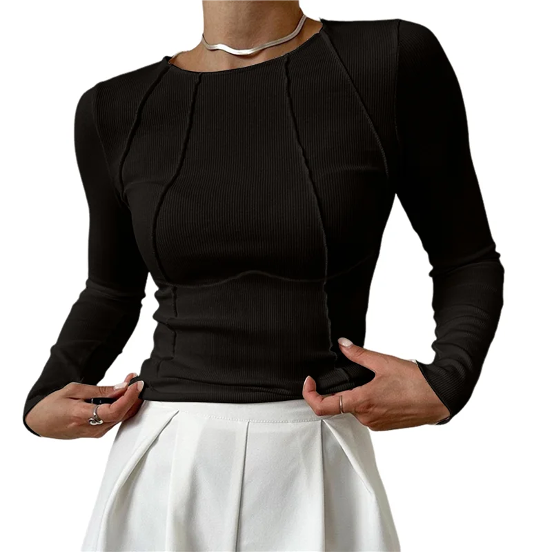 CGS-Camicie a maniche lunghe da donna Slim Fit Girocollo Abiti autunnali Cuciture esposte Top basic a costine