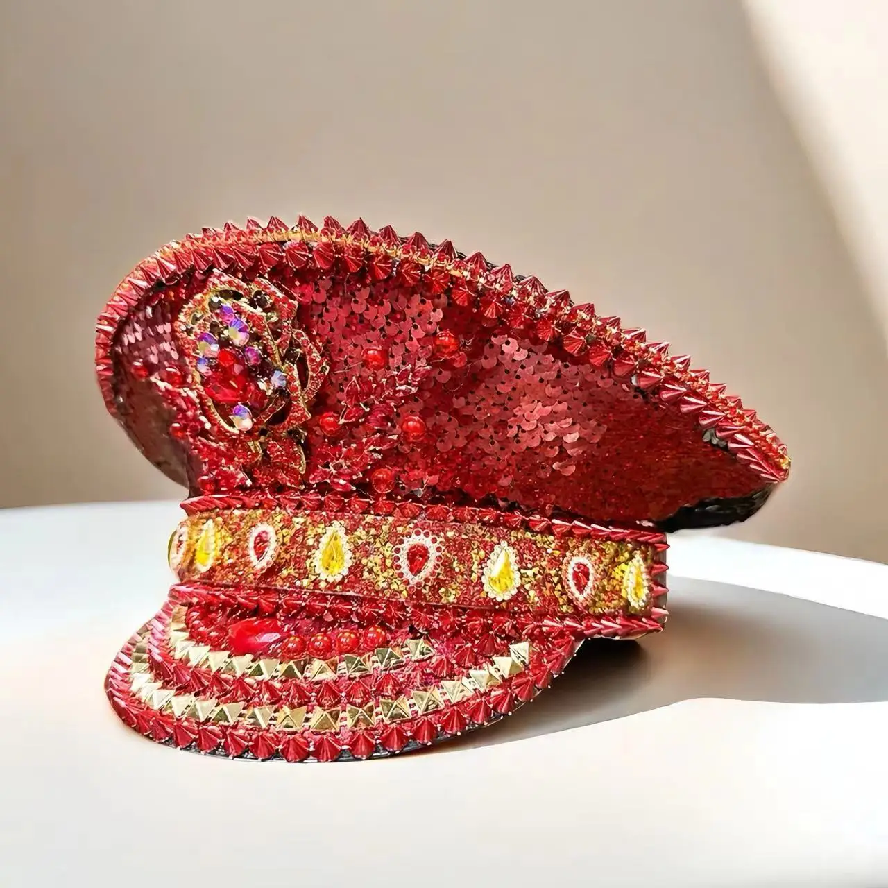 HongLuan Red Rose Bling Captain Hat Rhinestone for Woman Steampunk Military Cap for Men Burning Man Music Festivals Accessories